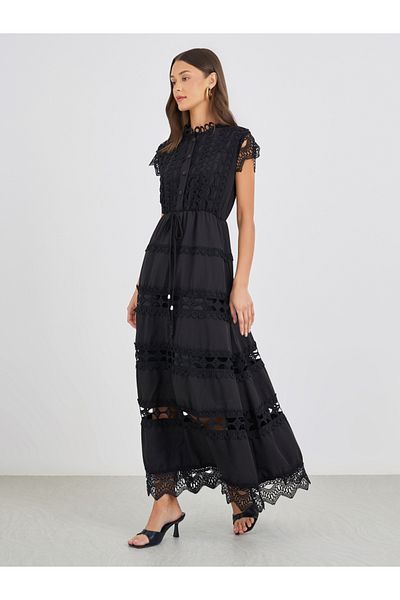 Styli Solid Lace Short Sleeves Tiered Maxi Dress with Tie Detail