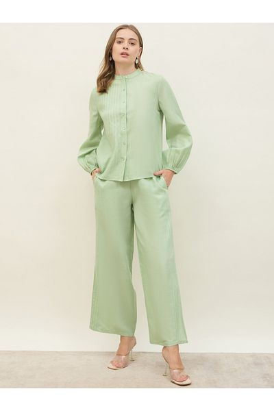 Styli Green Pintuck Detail Slub Shirt and Pants Co-Ords