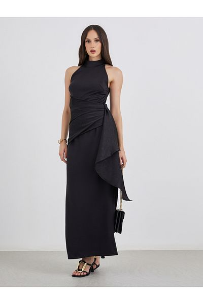 Styli Halter Neck Sheath Maxi Dress with Drape Overlay