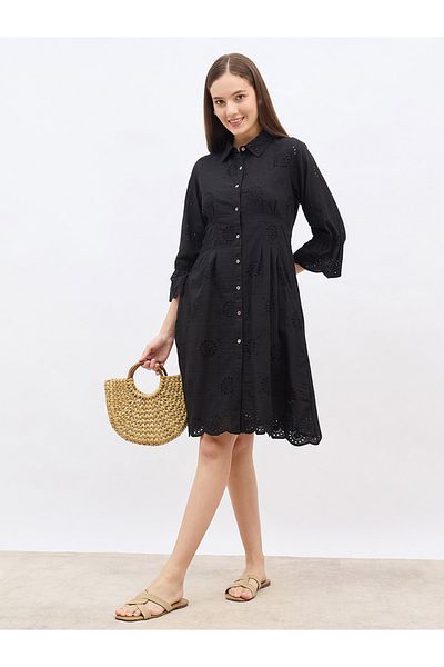 Styli Women Black Schiffli Bell Sleeves Shirt Knee-Length Dress