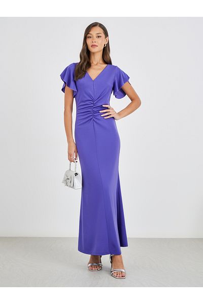 Styli Solid Ruffled Sleeves Mermaid Maxi Dress
