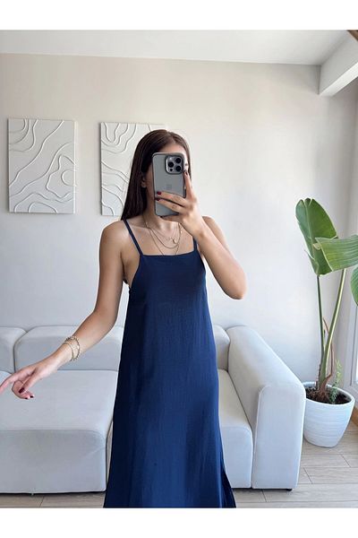 Zoom Butik Slit Linen Strap Dress - Dark Blue