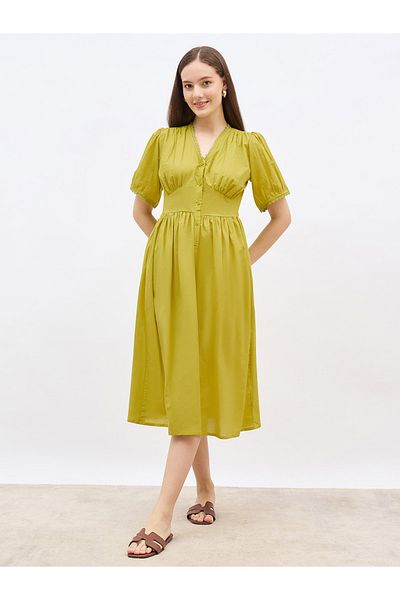 Styli Solid Puff Sleeves A-Line Midi Dress with Lace Trim