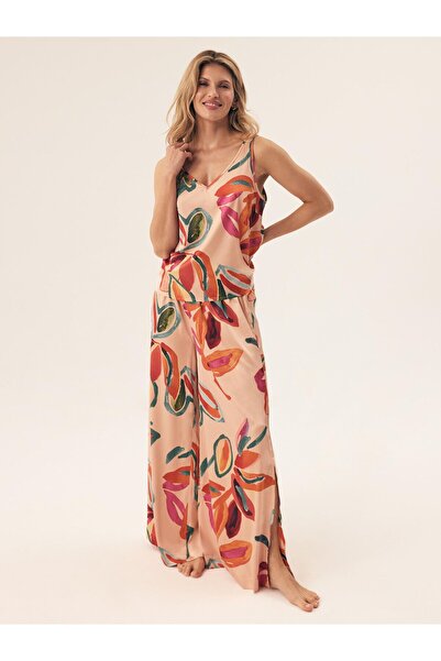 ESOTIQ Set pijamale din satin pentru femei, format din 2 piese, top scurt și pantaloni lungi largi, model tropical | Rascal