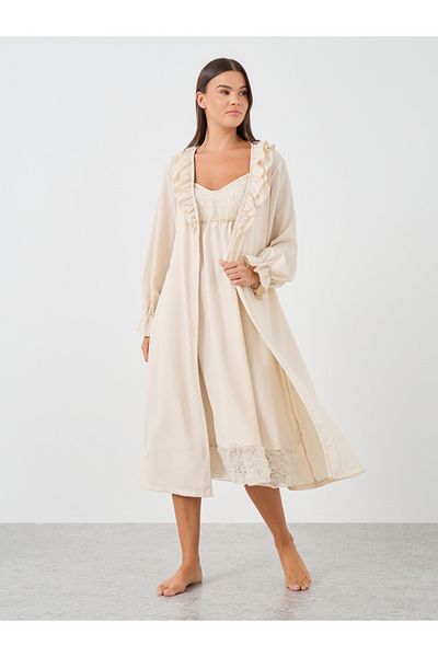 Styli Solid Strappy Slip Dress and Robe with Ruffle Set