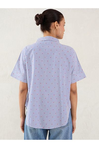 Femmella By Styli Navy Striped Short Sleeve Button Down Shirt
