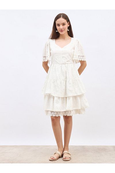 Styli Schiffli Trim Layered Knee-Length Dress