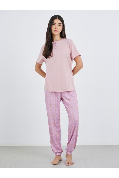 Styli Solid Short Sleeve T-Shirt and Cuffed Pyjama Set