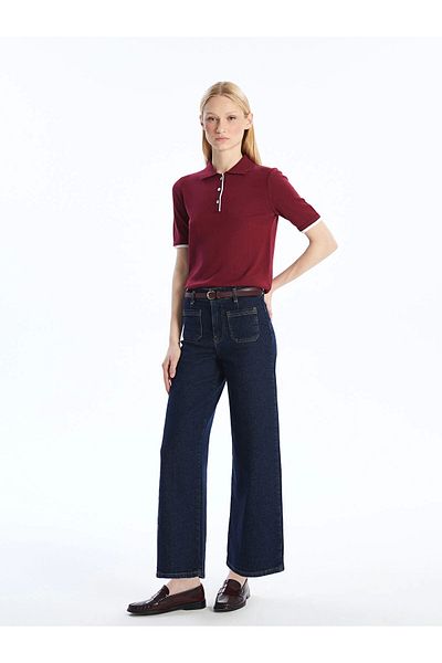 LC Waikiki Lcw Jeans Indigo Wideleg Women's Jean Trousers with Belt