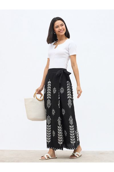 Styli Embroidered Straight Fit Maxi Skirt with Tie-Up Detail