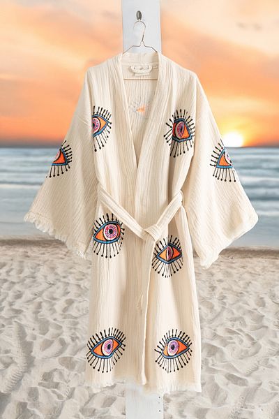 VAROL Organic 100% Cotton Kimono Collar Sabali Bathrobe Beach Dress - Eye - L/Xl