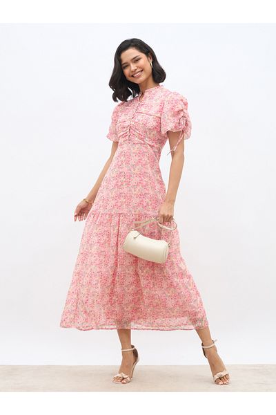 Styli All-Over Floral Print Balloon Sleeves A-Line Maxi Dress with Ruched Detail