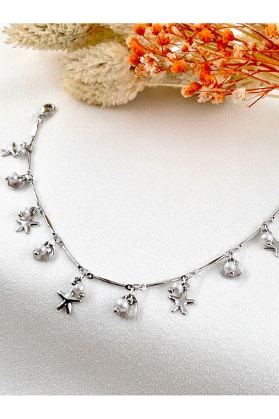 Siya Silver Steel Anklet with Starfish and Oyster Figures and Pearls
