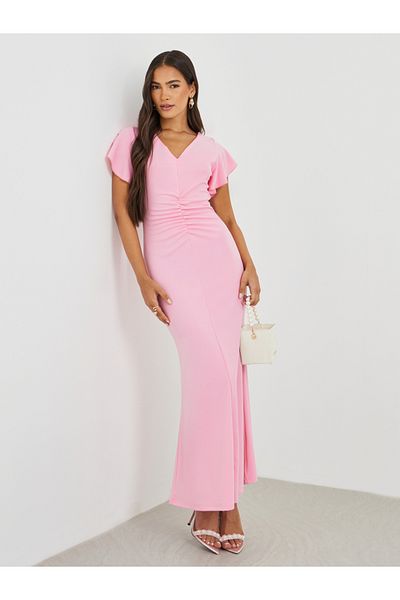 Styli Solid Ruffled Sleeves Mermaid Maxi Dress
