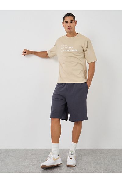 Styli Men Beige Slogan Print Oversized T-Shirt and Shorts Co-Ords