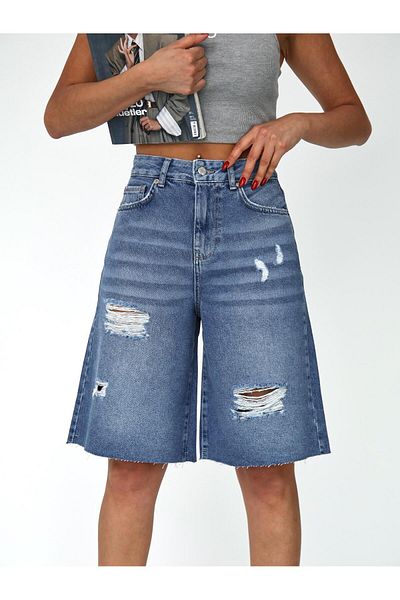 Zeo Basic Pantaloni scurți Bermuda lungi pentru damă, cu detaliu rupt, lungime midi, albastru închis