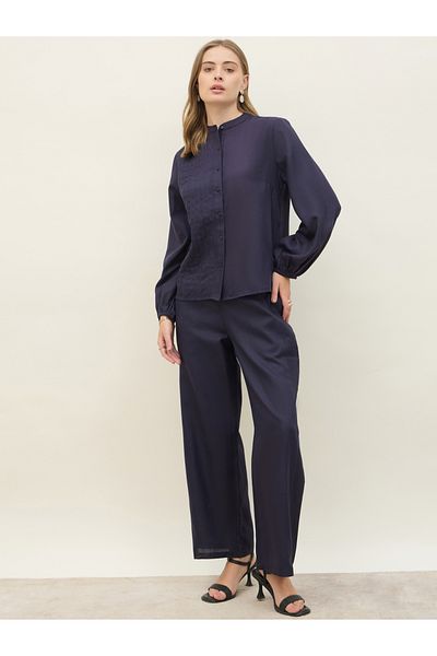 Styli Navy Blue Pintuck Detail Slub Shirt and Pants Co-Ords