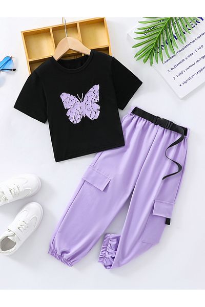 Take Two By Styli Butterfly Print T-Shirt and Pocket Detail Belted Joggers Set