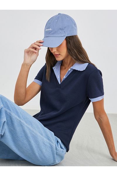 Styli Gingham Print Collar Knitted Short Sleeve Top