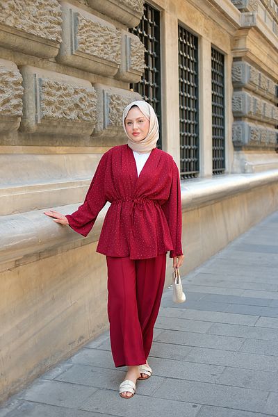 LOCCO Women's Front Tie Stone Detail Double Suit Claret Red