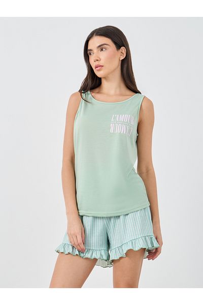 Styli Lamour Slogan Tank and Placket Ruffle Hem Shorts Set