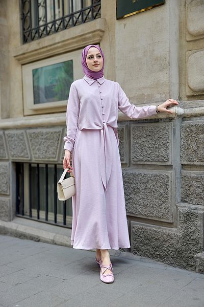 LOCCO Women's Shirt Tie-Up Linen Suit Pink