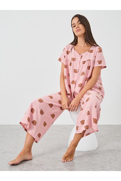 Styli Women Pink All-Over Teddy Print Button Front Shirt and Pyjama Set