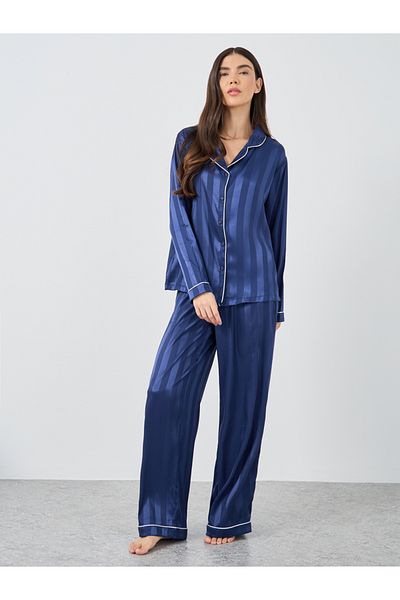 Styli Satin Jacquard Striped Piped Shirt and Pyjama Set
