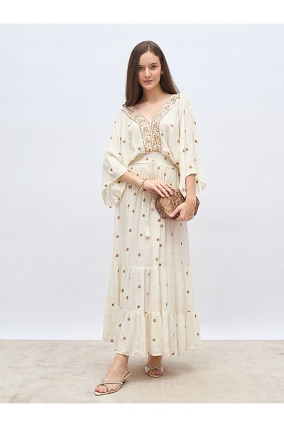Styli Embroidered Ruffled Hem Smocked Detail A-Line Maxi Dress