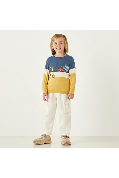 Juniors Vehicle Embroidered Pullover with Round Neck and Long Sleeves