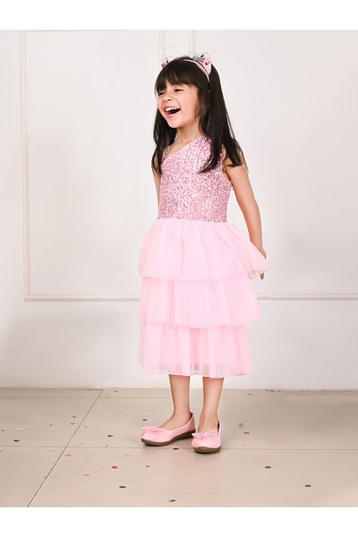 LilPicks By Styli Sequin Detail One Shoulder Neck Layered Dress