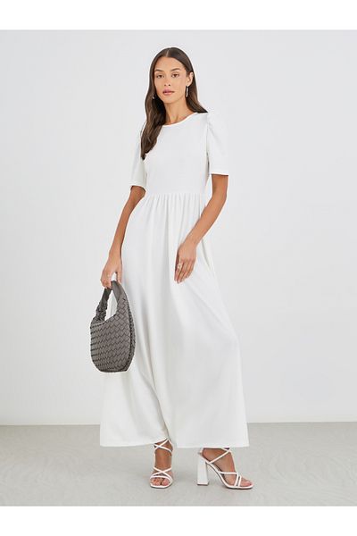 Styli Solid Puff Sleeves A-Line Maxi Dress with Gathers