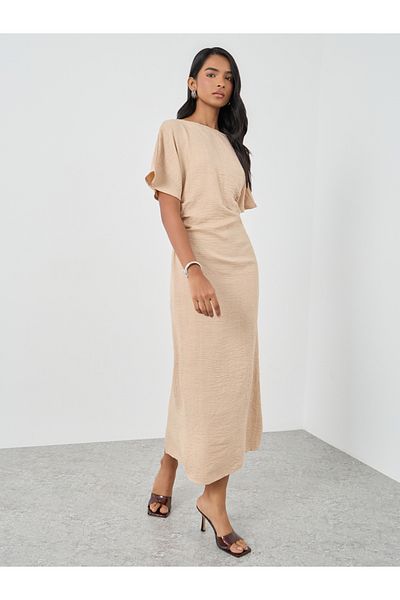 Styli Solid Short Sleeve Side Gathered Midi Dress