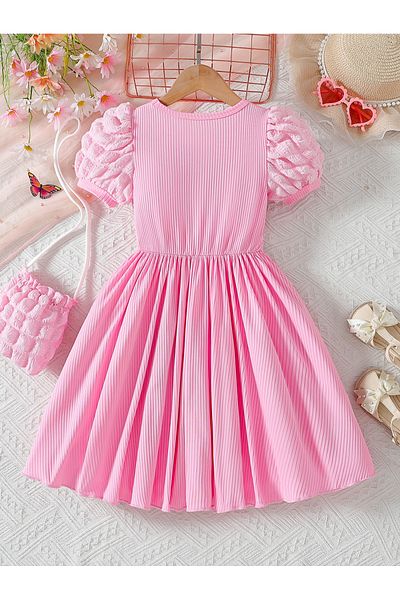 Take Two By Styli Girls Pink Solid Puff Sleeves A-Line Dress with Crossbody Bag