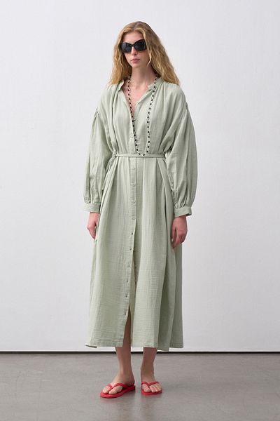 mathilda store Women's Mint Muslin Midi Shirt Dress