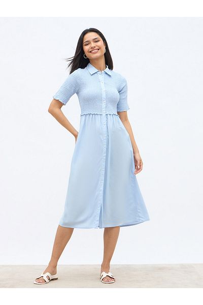 Styli Solid Smocked Shirt Midi Dress with Lettuce Edge