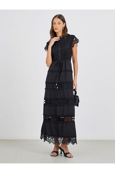 Styli Solid Lace Short Sleeves Tiered Maxi Dress with Tie Detail