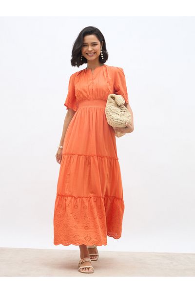 Styli Schiffli Trim Smocked Detail Tiered Maxi Dress