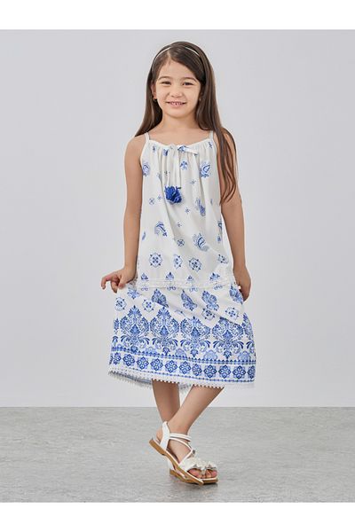Styli Girls Printed Strappy A-Line Dress with Bow Detail