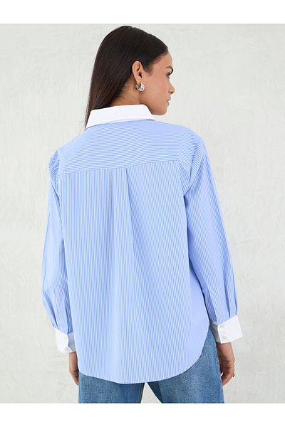 Femmella By Styli Blue Stripe Contrast Collar Buttoned Shirt