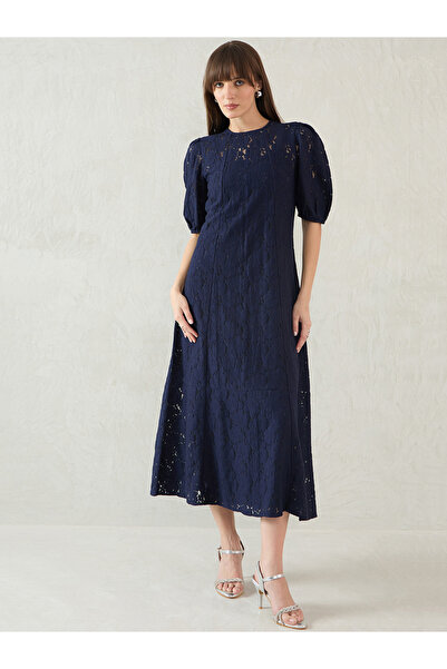 Femmella By Styli Navy Blue Solid Lace Puff Sleeves A-Line Maxi Dress