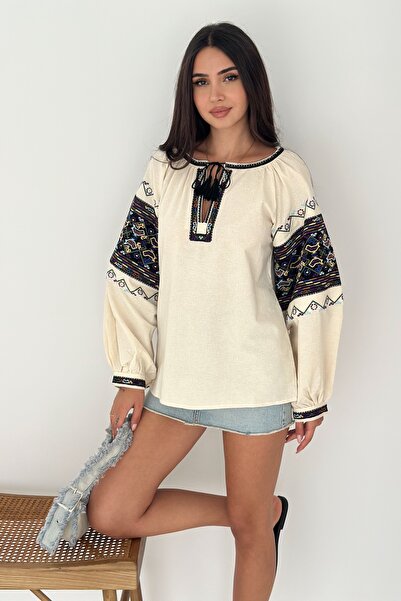 FEMELLE Women's Beige Tassel Embroidered Embroidered Cotton Blouse