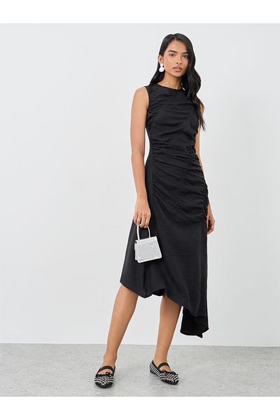 Styli Solid Sleeveless Gathered Detail Asymmetric Hem Midi Dress