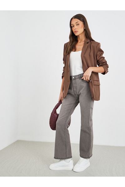 Styli Women Brown Solid Oversized Longline Single Breasted Blazer