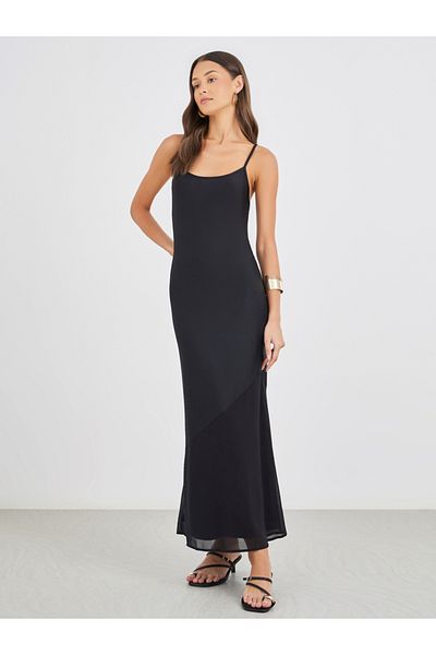 Styli Knit Satin Strappy A-Line Maxi Dress