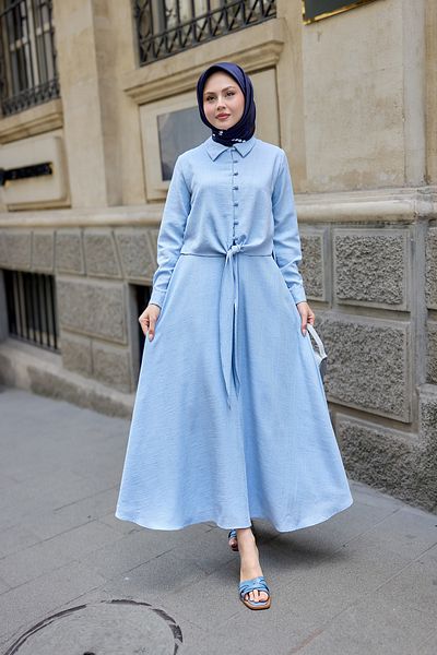 LOCCO Women's Shirt Tie Linen Suit Light Blue