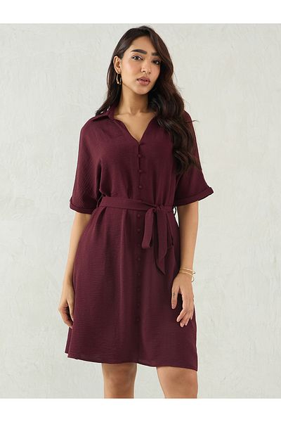 Femmella By Styli Purple Crinkled Button Down Shirt Knee Length Dress