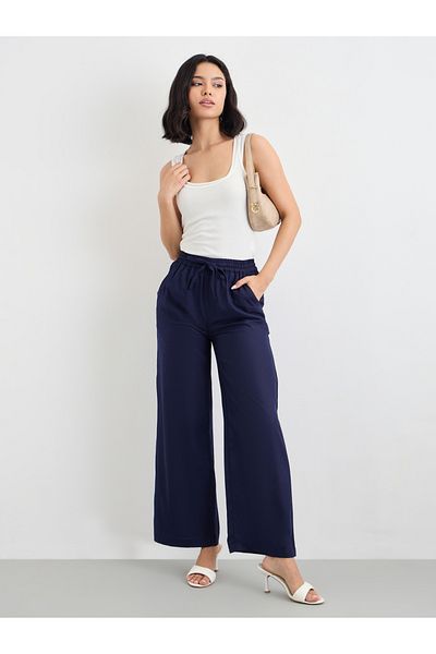 Styli Solid Wide Leg Pants with Drawstring