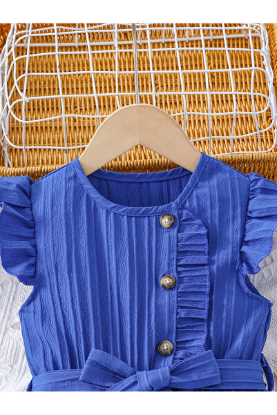 Take Two By Styli Girls Blue Button Detail Belted Wide Leg Jumpsuit