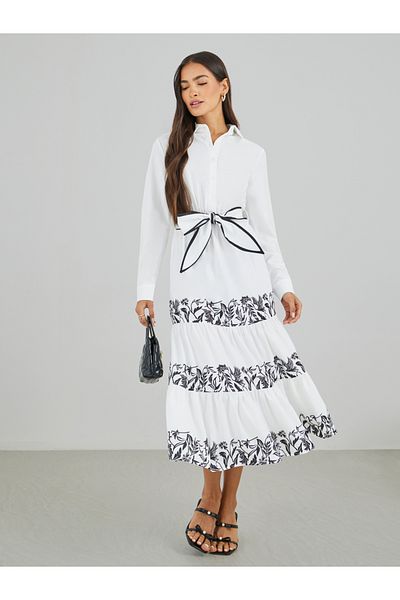 Styli Printed Long Sleeves Tiered Midi Dress with Belt
